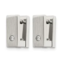 Pair of rectangular brushed silver clip-on earrings with polished silver backs and round crystal stone accents.