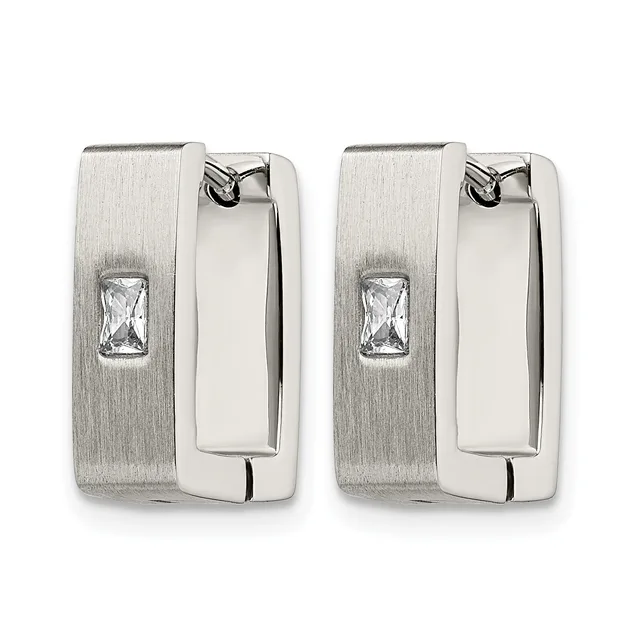 Pair of rectangular silver hoop earrings with brushed finish and small rectangular clear crystals set on the outer face.