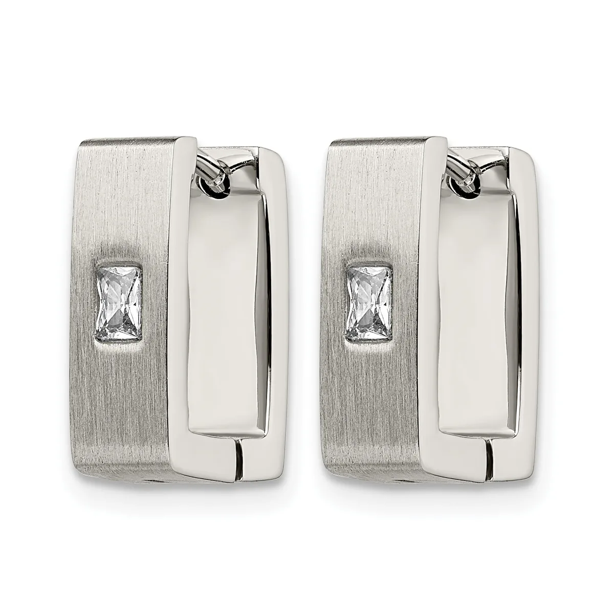 Pair of rectangular silver hoop earrings with brushed finish and small rectangular clear crystals set on the outer face.