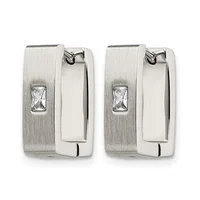 Pair of rectangular silver hoop earrings with brushed finish and small rectangular clear crystals set on the outer face.