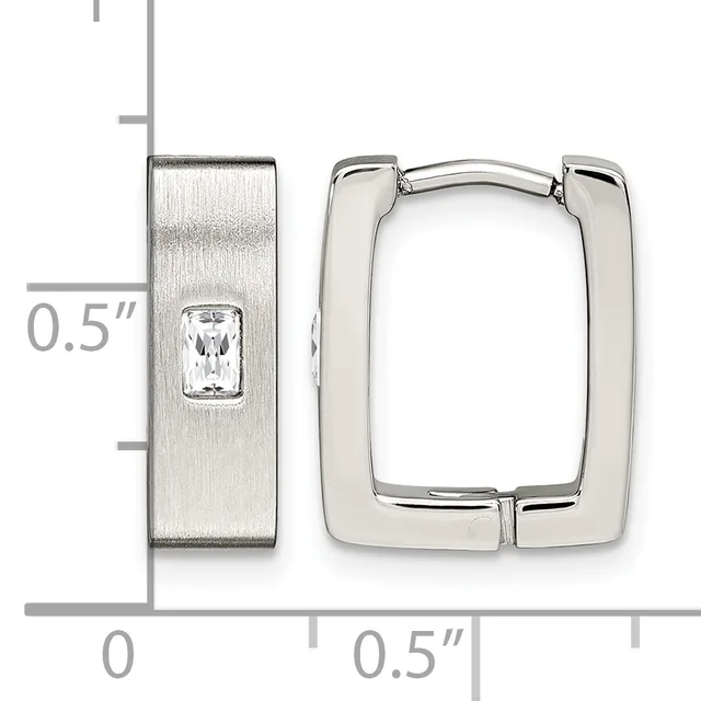 Pair of polished silver rectangular hoop earrings with one featuring a small rectangular white stone, shown with a measurement scale indicating approximately 0.5 inches in height.
