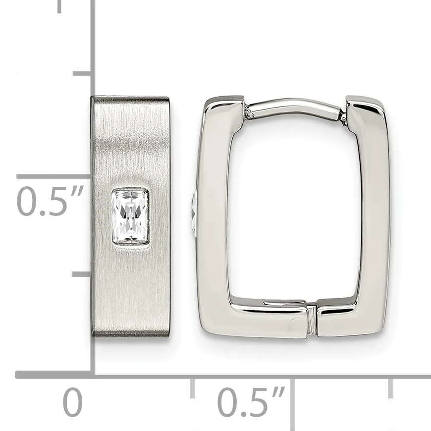 Pair of polished silver rectangular hoop earrings with one featuring a small rectangular white stone, shown with a measurement scale indicating approximately 0.5 inches in height.