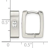 Pair of polished silver rectangular hoop earrings with one featuring a small rectangular white stone, shown with a measurement scale indicating approximately 0.5 inches in height.