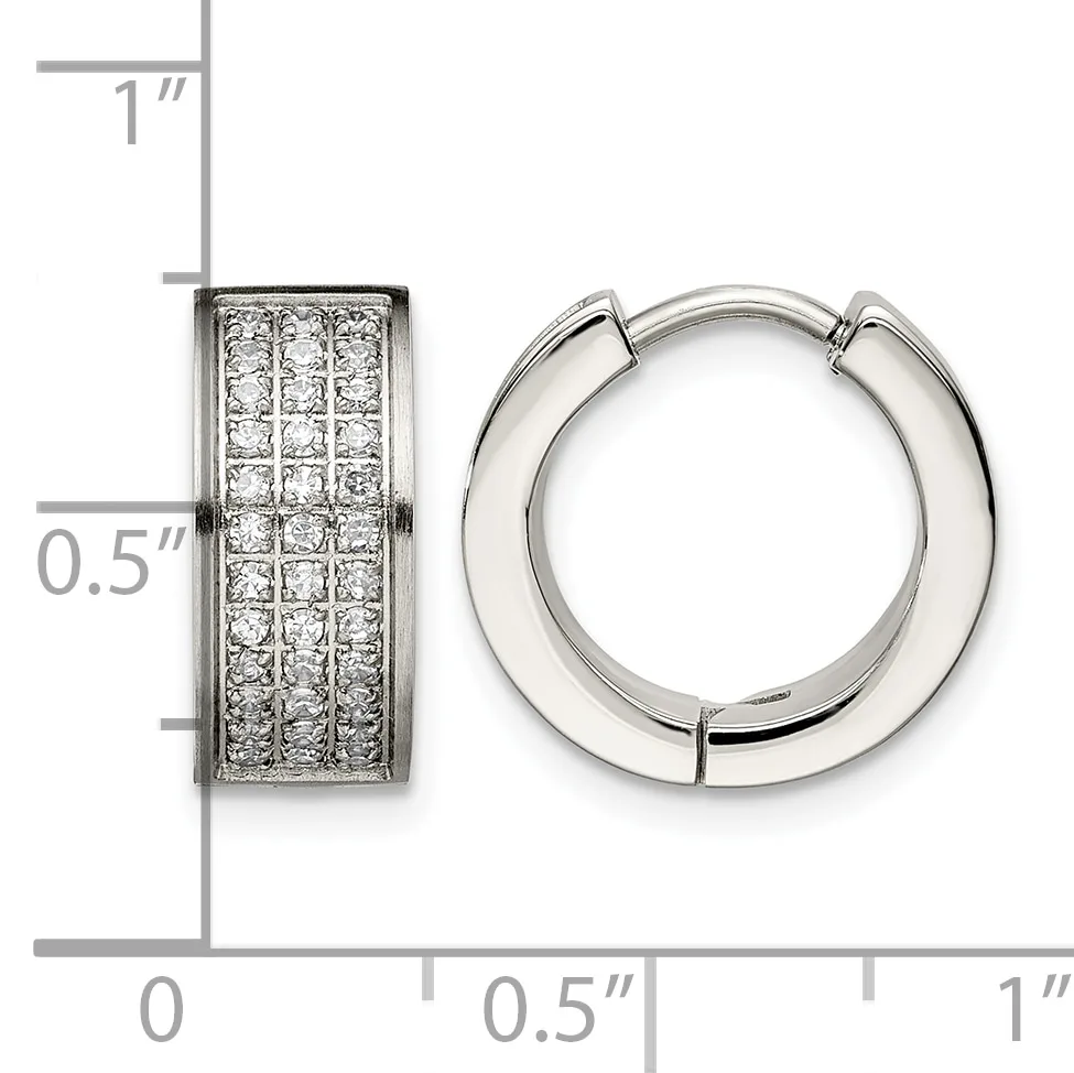 Silver hoop earrings with pave diamond settings shown front and side view with a ruler indicating approximately one inch in length.