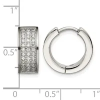 Silver hoop earrings with pave diamond settings shown front and side view with a ruler indicating approximately one inch in length.