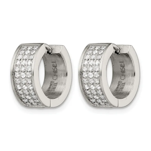 A pair of white metal chunky hoop earrings densely set with round diamonds across the outer surface, shown from the front with a small stamped hallmark visible on the interior.