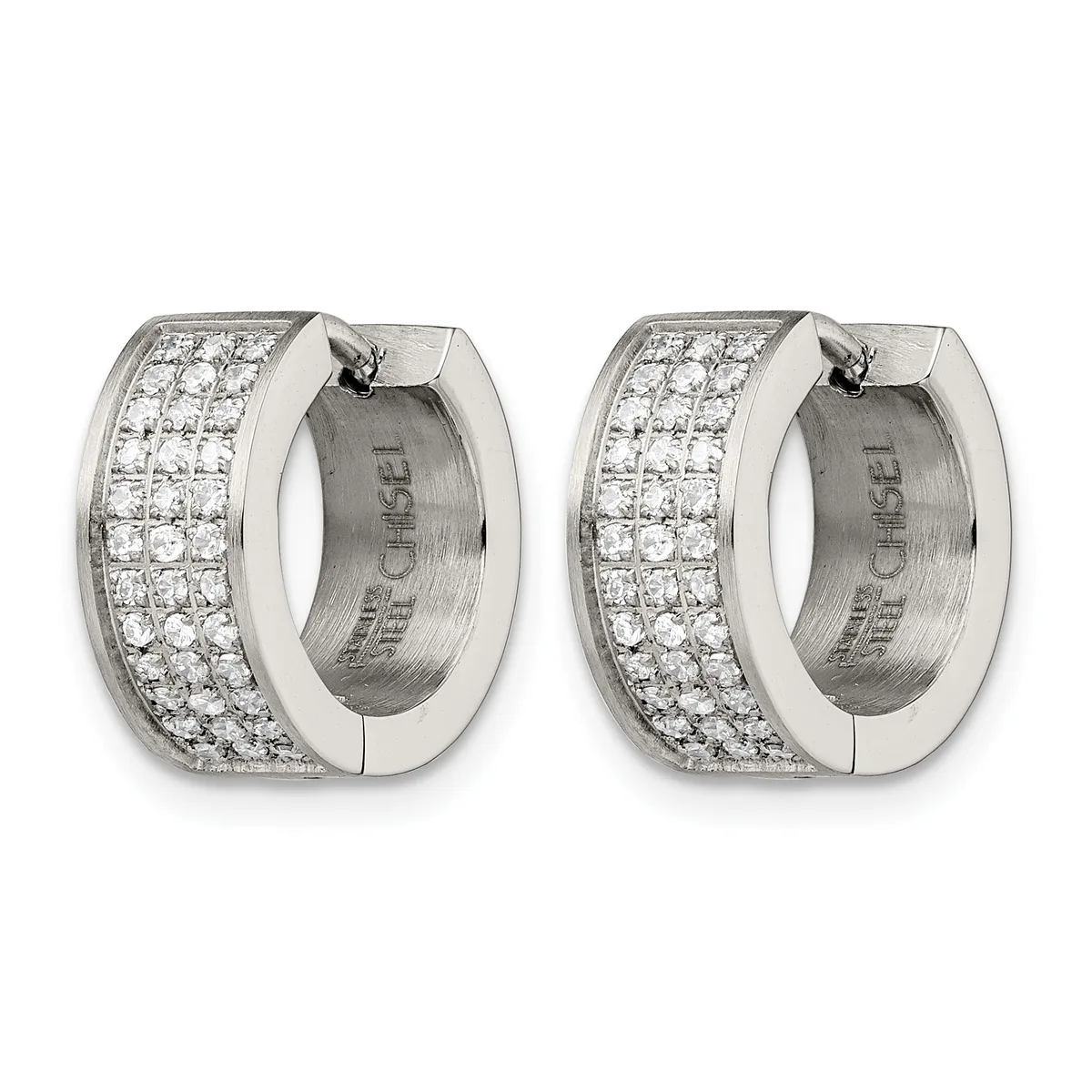A pair of white metal chunky hoop earrings densely set with round diamonds across the outer surface, shown from the front with a small stamped hallmark visible on the interior.