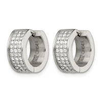 A pair of white metal chunky hoop earrings densely set with round diamonds across the outer surface, shown from the front with a small stamped hallmark visible on the interior.