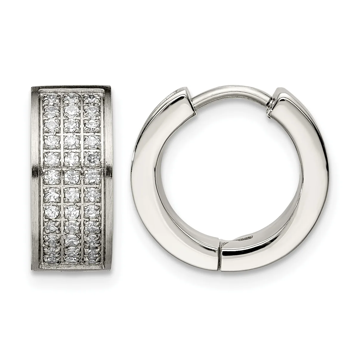 Two silver-toned metal earrings: on the left, a rectangular huggie with pave-set round diamonds in a grid pattern; on the right, a polished chunky hoop with a hinged closure.