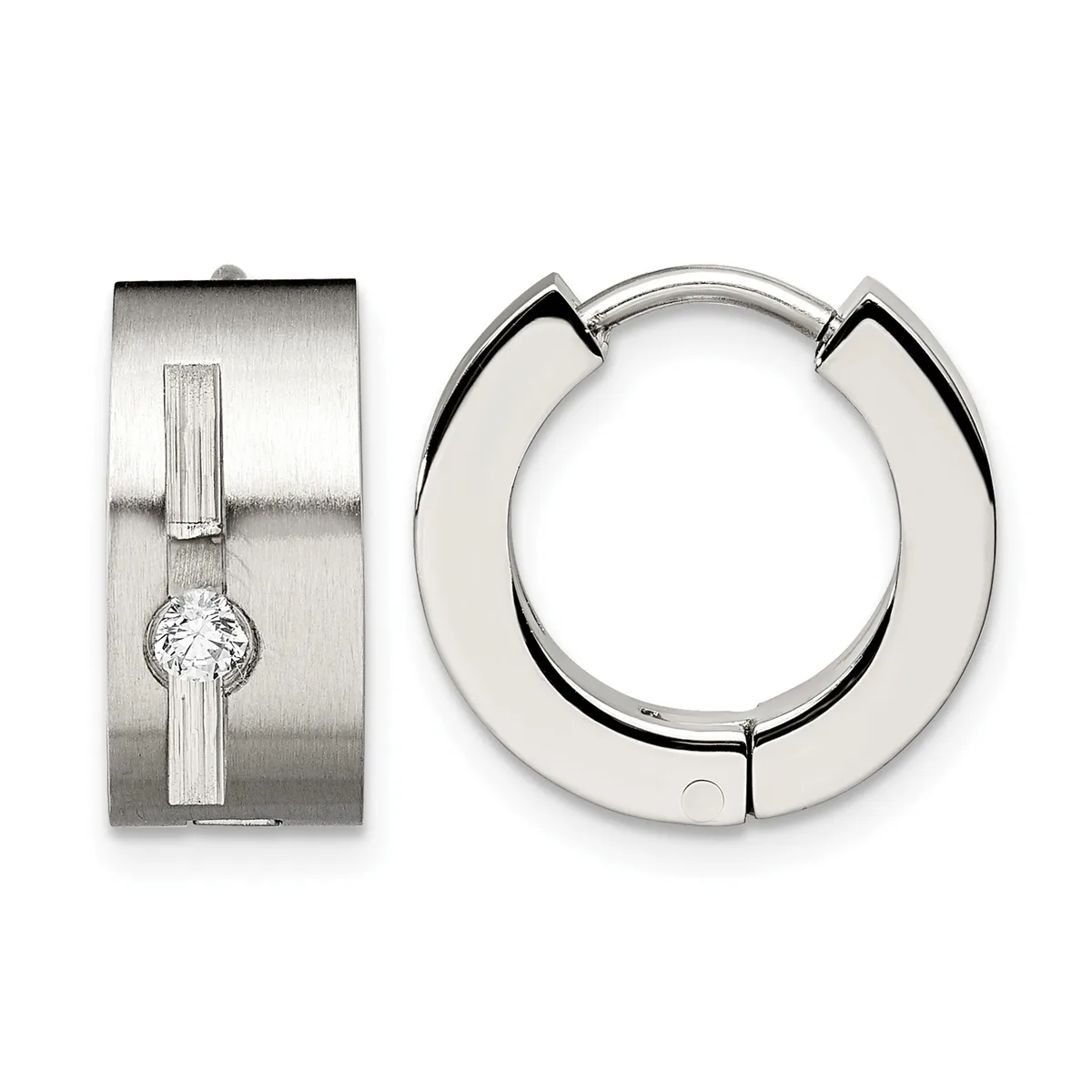 Two silver hoop earrings displayed against a white background: one wide polished hoop with a geometric cutout design, and one rectangular brushed silver earring with vertical grooves and a centered round crystal.