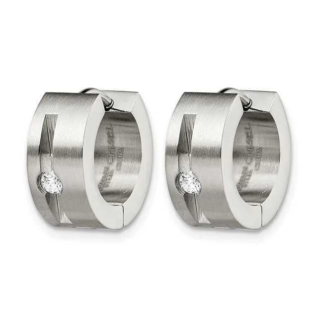A pair of brushed stainless steel hoop earrings with a cubic zirconia stone set in each earring, shown from the front.