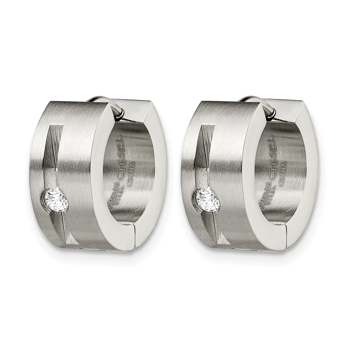 A pair of brushed stainless steel hoop earrings with a cubic zirconia stone set in each earring, shown from the front.