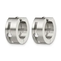 A pair of brushed stainless steel hoop earrings with a cubic zirconia stone set in each earring, shown from the front.