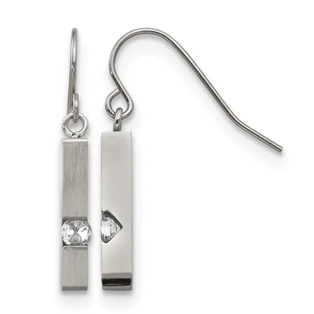 A pair of silver rectangular drop earrings with brushed finish and crystal stone accents, suspended from curved silver ear wires.