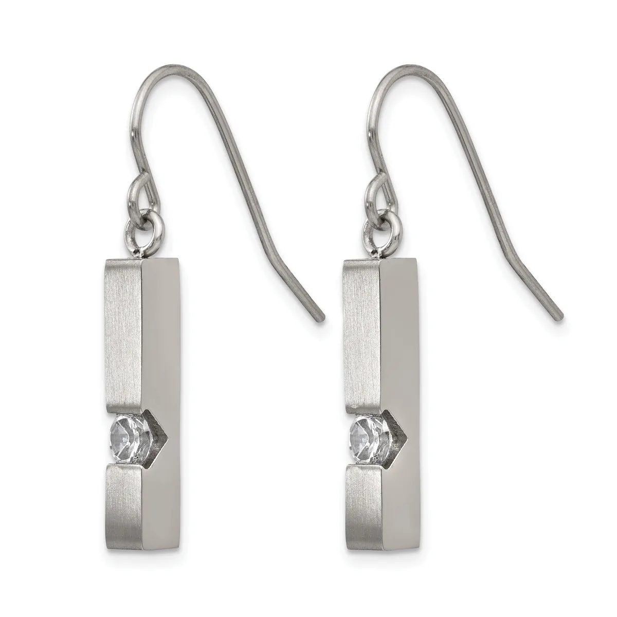 A pair of silver rectangular drop earrings with brushed finish, each featuring a small faceted crystal stone in the center and suspended from a curved ear wire.