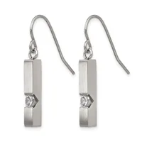 A pair of silver rectangular drop earrings with brushed finish, each featuring a small faceted crystal stone in the center and suspended from a curved ear wire.
