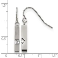 Two silver rectangular bar earrings with crystal accents, suspended from silver ear wires, displayed next to a measurement ruler showing approximately one inch in length.