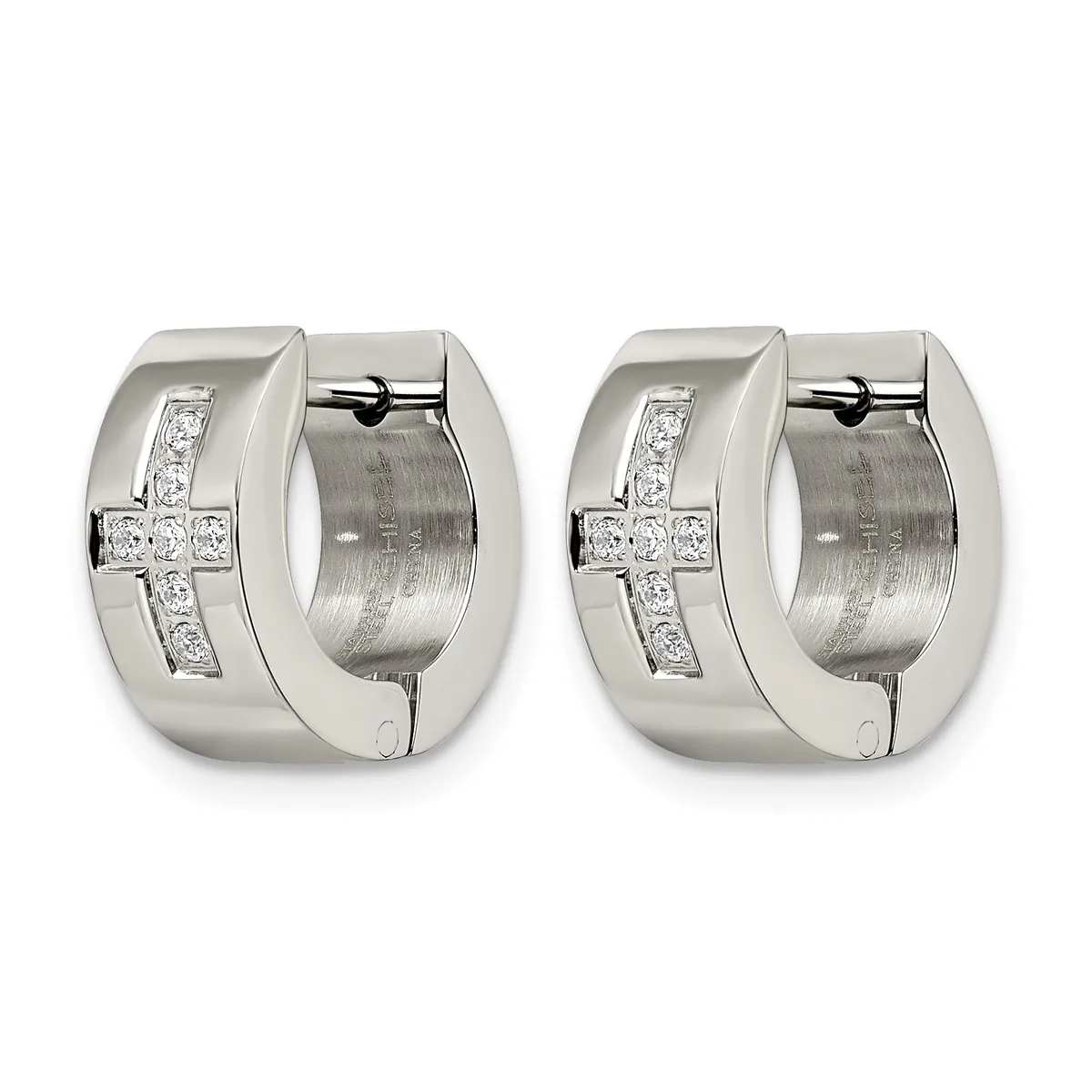 A pair of polished silver huggies earrings with a cross design set with small diamonds on the front surface.