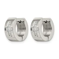 A pair of polished silver huggies earrings with a cross design set with small diamonds on the front surface.