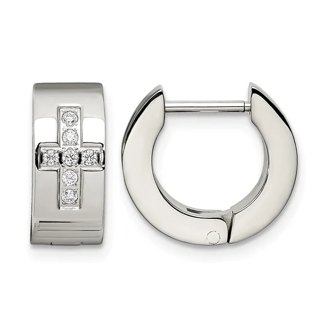 Pair of silver hoop earrings, one showing a cross design set with diamonds on the front face, the other a polished curved hoop viewed from the side.