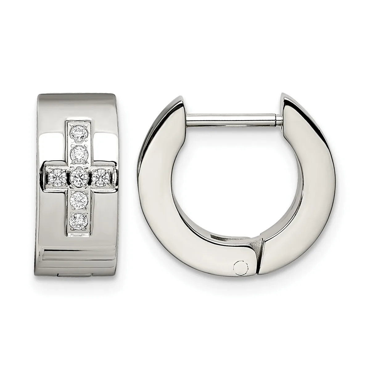 Pair of silver hoop earrings, one showing a cross design set with diamonds on the front face, the other a polished curved hoop viewed from the side.