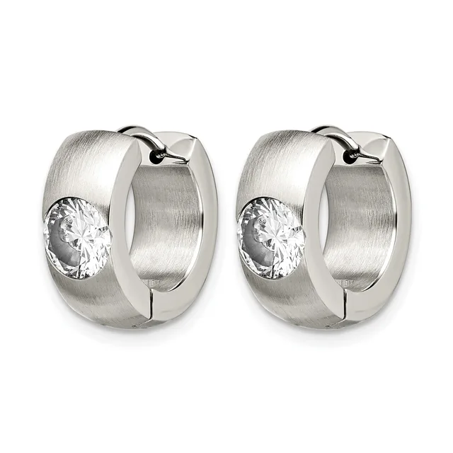 A pair of silver hoop earrings with a brushed finish, each featuring a round faceted cubic zirconia stone set on the outer edge.