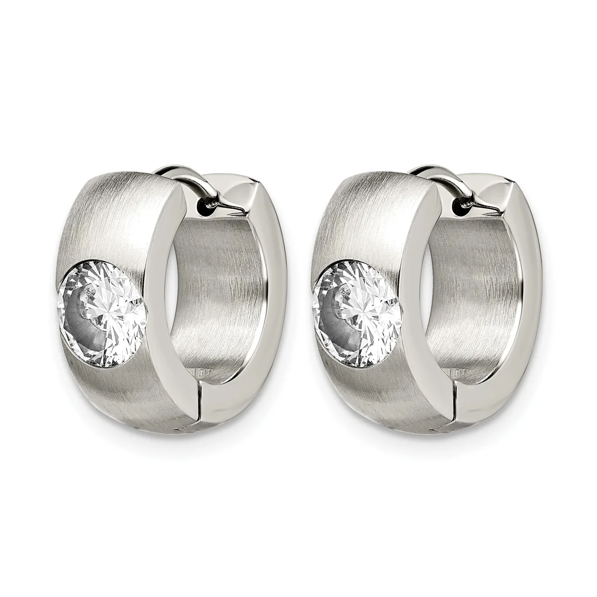 A pair of silver hoop earrings with a brushed finish, each featuring a round faceted cubic zirconia stone set on the outer edge.