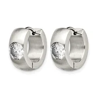 A pair of silver hoop earrings with a brushed finish, each featuring a round faceted cubic zirconia stone set on the outer edge.
