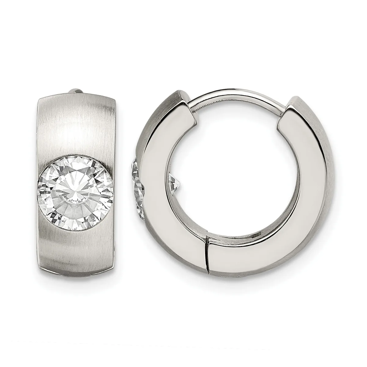 A pair of silver huggie hoop earrings with brushed finish and round brilliant-cut cubic zirconia stones set in the front.