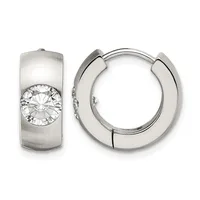 A pair of silver huggie hoop earrings with brushed finish and round brilliant-cut cubic zirconia stones set in the front.