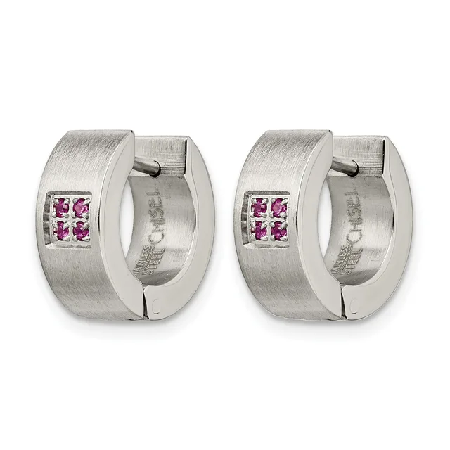 Pair of brushed silver hoop earrings with small square pink gemstone accents, shown from the front on a white background.