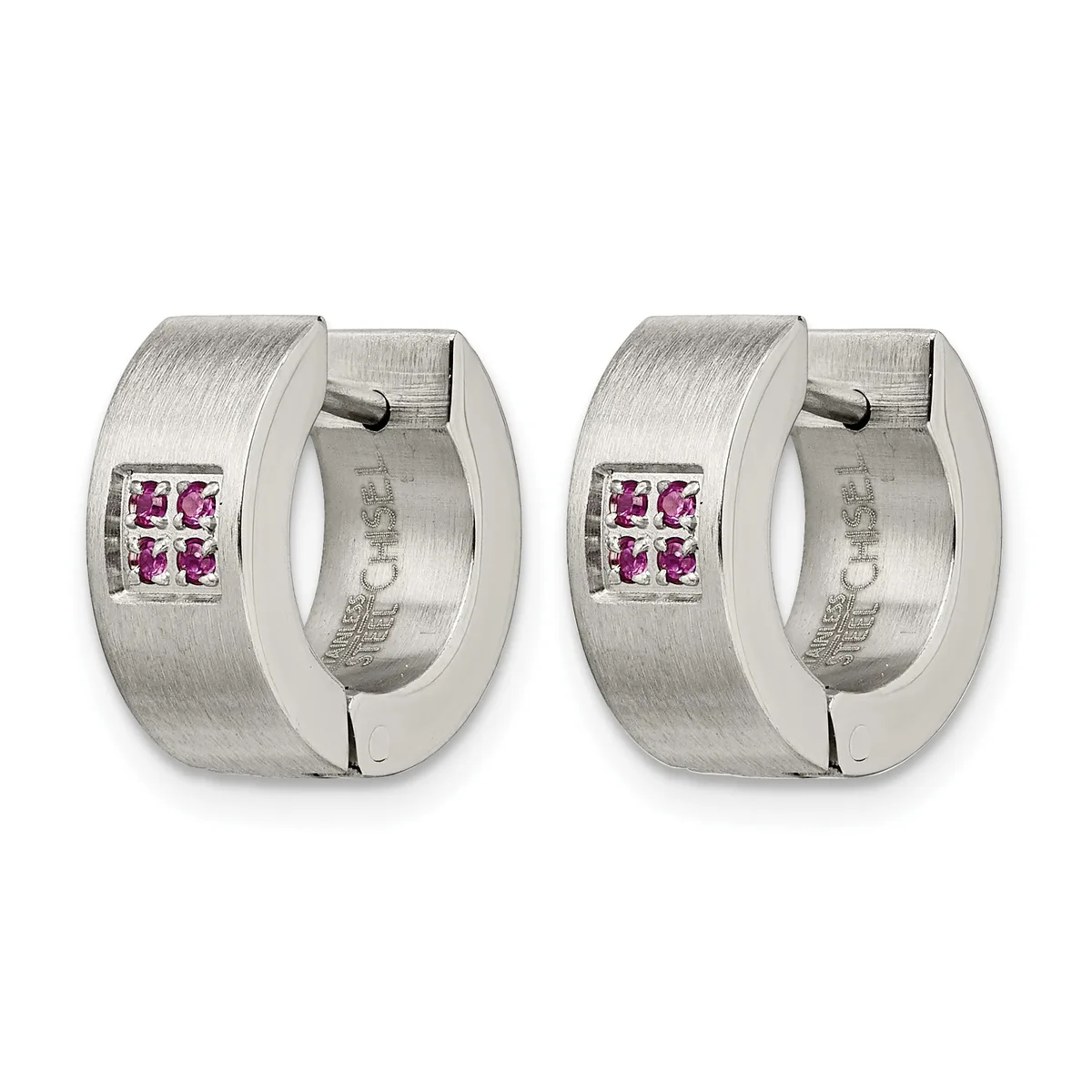 Pair of brushed silver hoop earrings with small square pink gemstone accents, shown from the front on a white background.