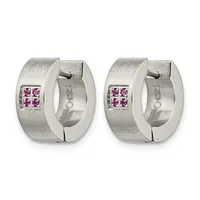 Pair of brushed silver hoop earrings with small square pink gemstone accents, shown from the front on a white background.