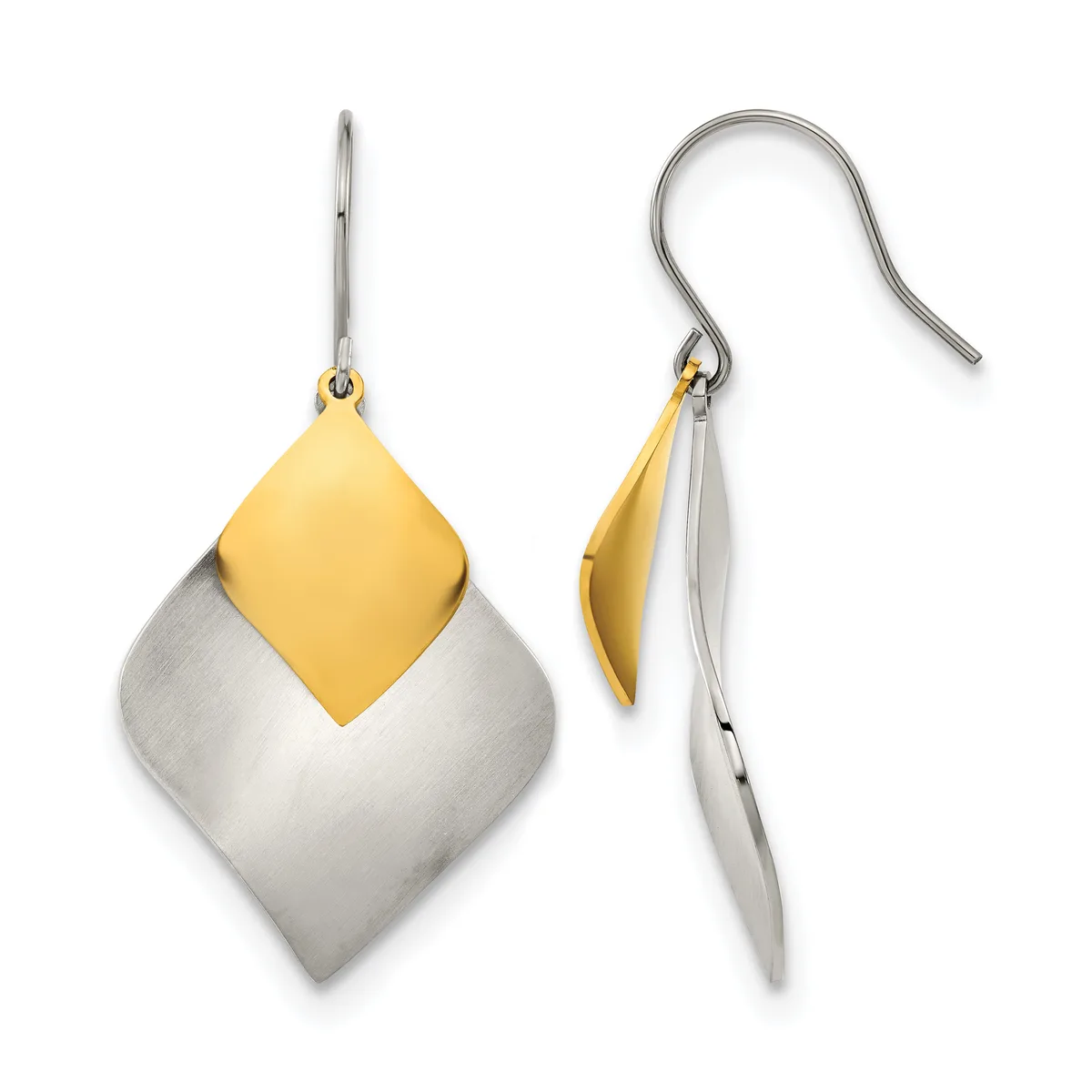 A pair of two-tone drop earrings featuring layered diamond shapes in gold and silver metal with curved ear wires, shown from front and side views.