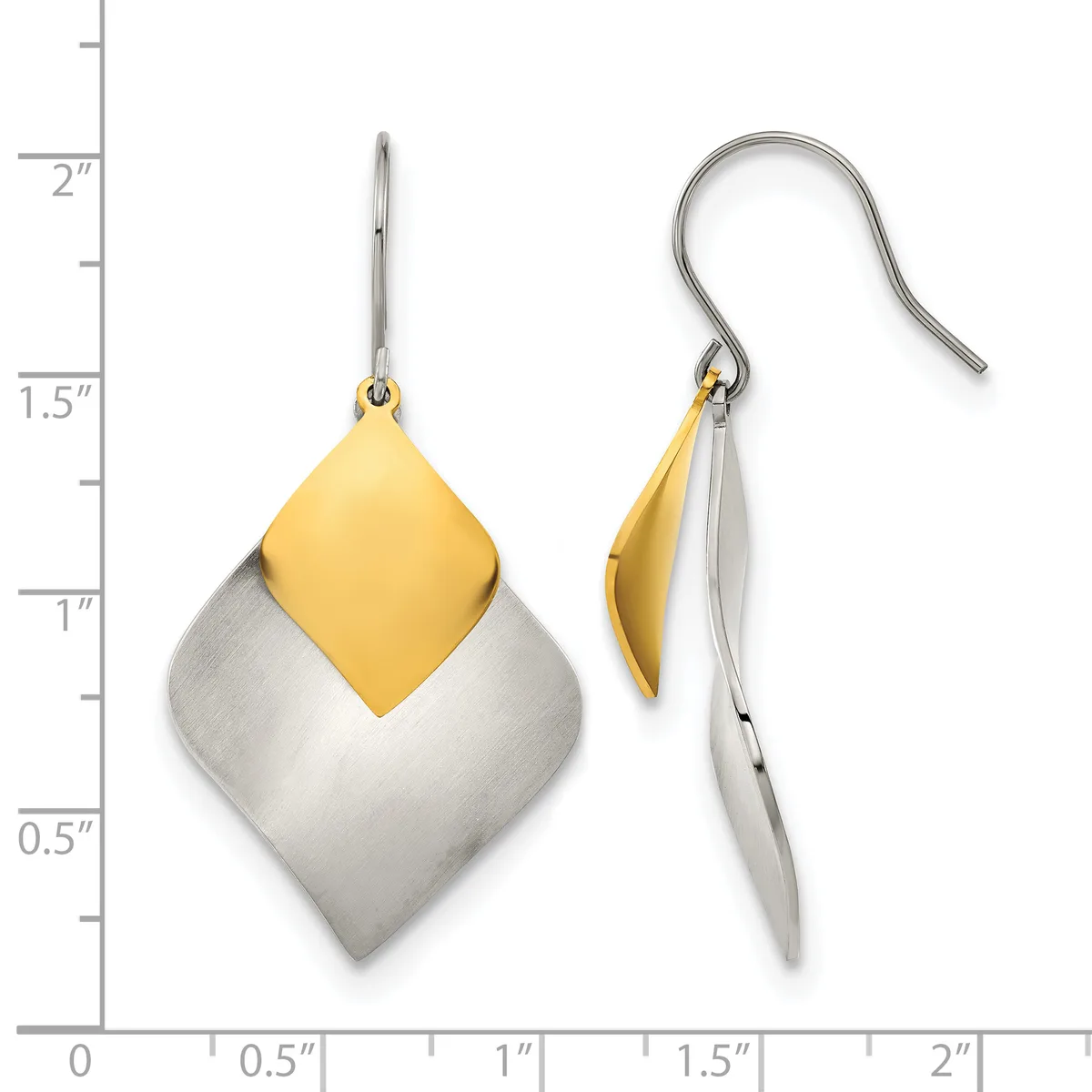 Two-tone drop earrings with gold diamond-shaped tops and silver rounded square bottoms, shown front and side view against a measurement scale.