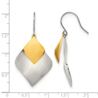Two-tone drop earrings with gold diamond-shaped tops and silver rounded square bottoms, shown front and side view against a measurement scale.