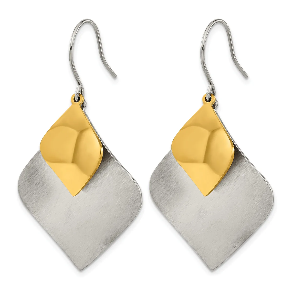 A pair of silver and gold two-tone drop earrings with diamond-shaped pendants, displayed against a white background.