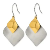 A pair of silver and gold two-tone drop earrings with diamond-shaped pendants, displayed against a white background.