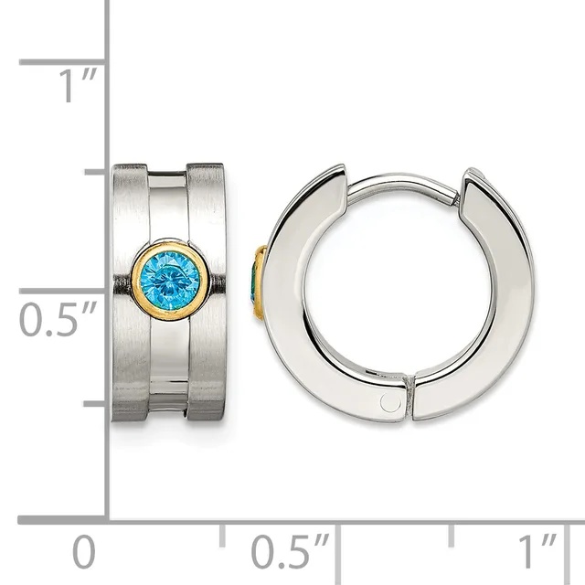 Two stainless steel hoop earrings with blue gemstone accents and gold-tone bezels, shown front and side view with measurement scale.