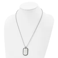Silver-tone necklace with a thin chain and rectangular pendant with rounded corners displayed on a white mannequin bust.