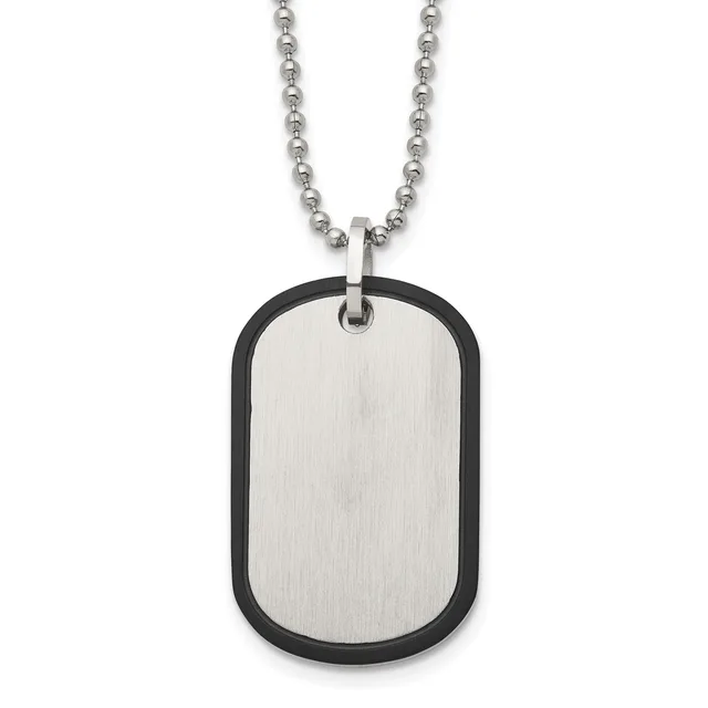 A stainless steel dog tag pendant with a brushed silver front and black rubber border hanging from a ball chain necklace.