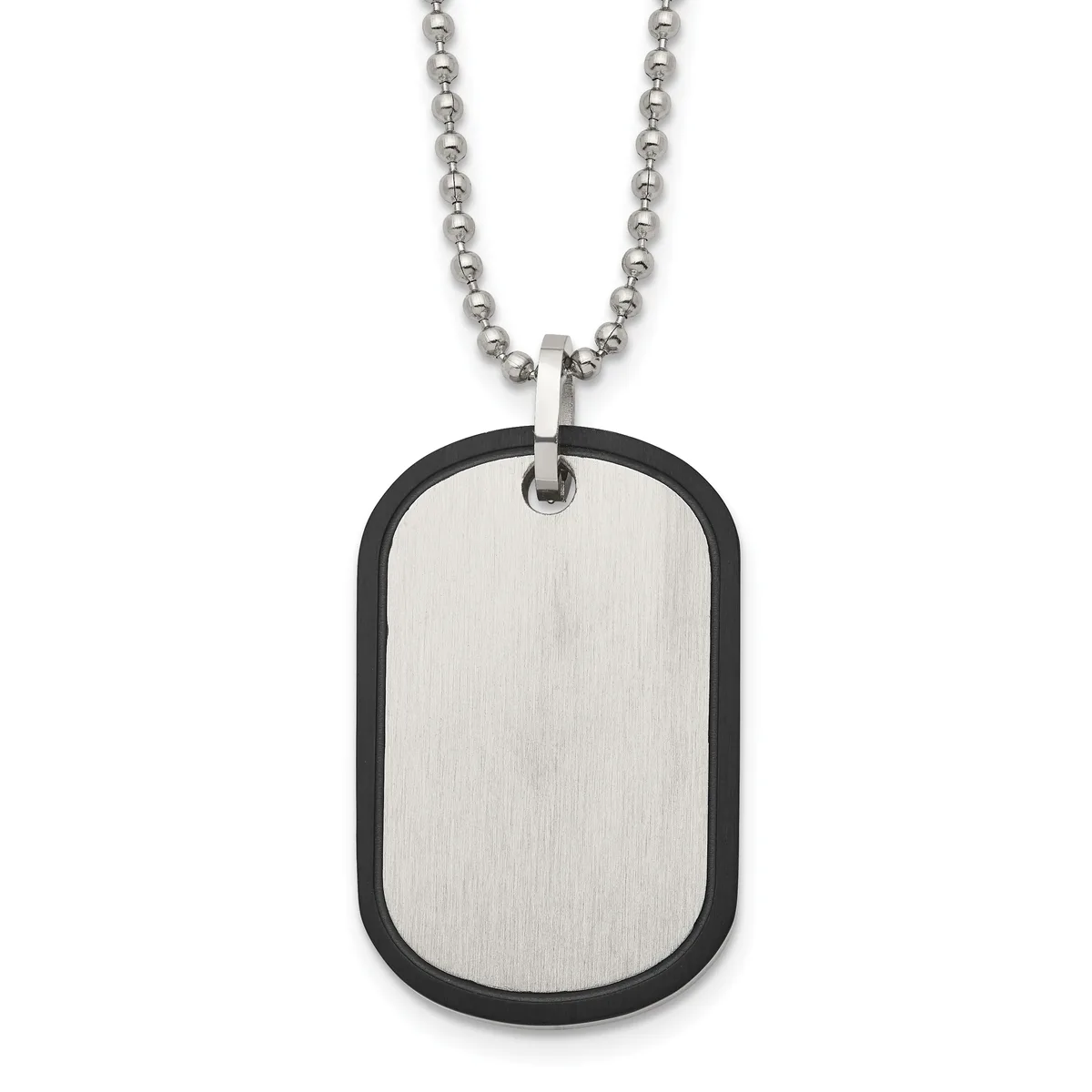 A stainless steel dog tag pendant with a brushed silver front and black rubber border hanging from a ball chain necklace.