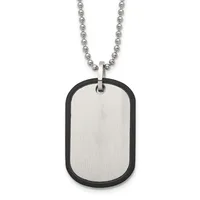 A stainless steel dog tag pendant with a brushed silver front and black rubber border hanging from a ball chain necklace.