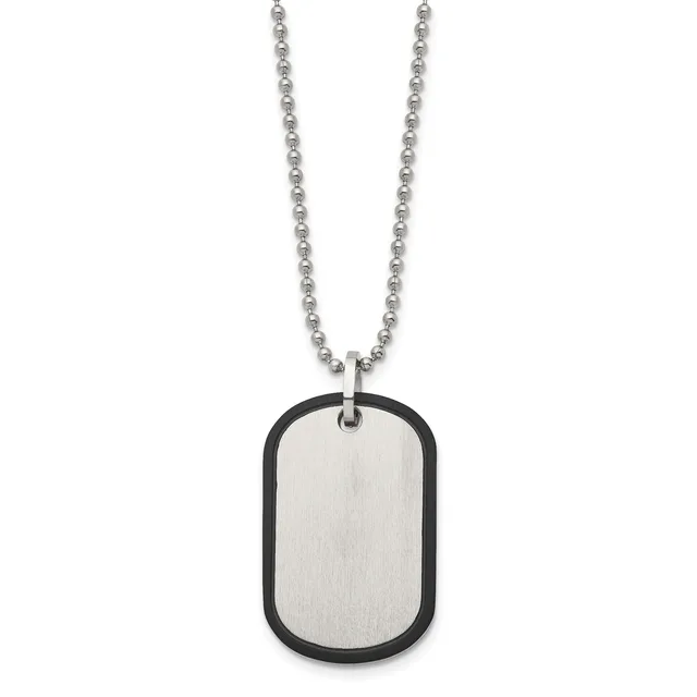 A stainless steel ball chain necklace with a rectangular dog tag pendant featuring a brushed silver face and black rubber border.