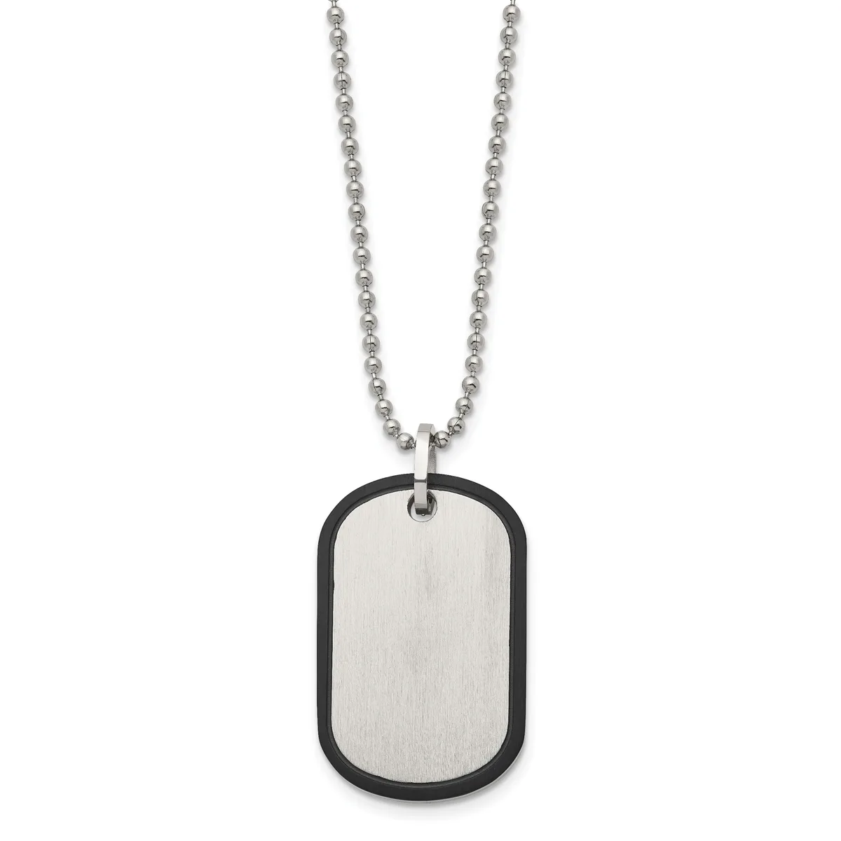 A stainless steel ball chain necklace with a rectangular dog tag pendant featuring a brushed silver face and black rubber border.
