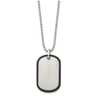 A stainless steel ball chain necklace with a rectangular dog tag pendant featuring a brushed silver face and black rubber border.