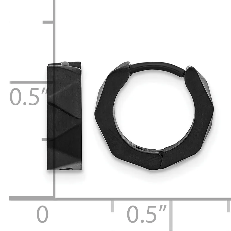 Black huggie hoop earrings shown from front and side view with measurement scale indicating approximately 0.5 inch diameter.