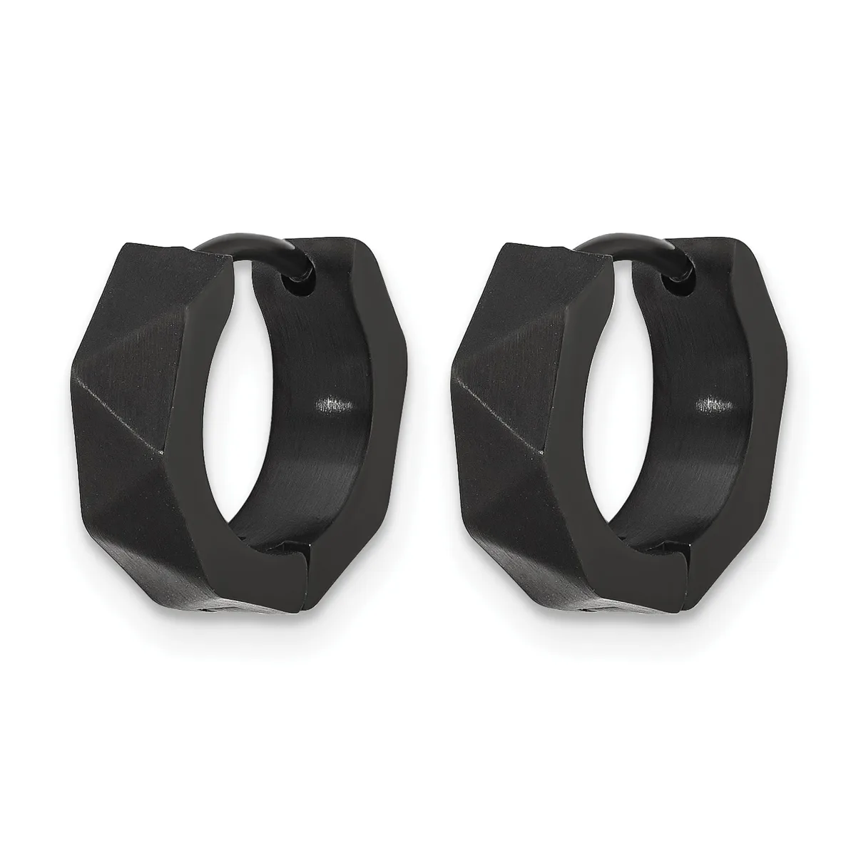 A pair of black chunky hoop earrings with a geometric angular design and a small hallmark, shown from the front against a white background.