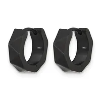 A pair of black chunky hoop earrings with a geometric angular design and a small hallmark, shown from the front against a white background.