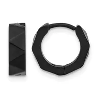 A pair of black huggie hoop earrings shown from the front and side, displaying their chunky rectangular shape and polished finish.